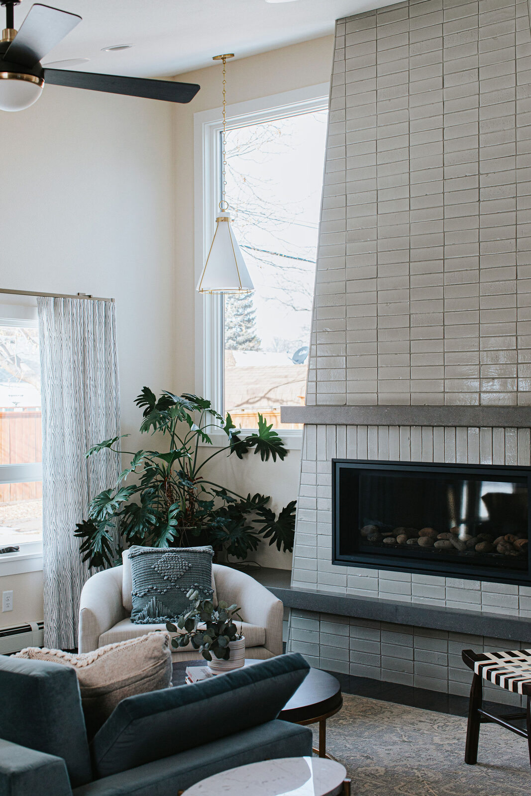 Custom tiled fireplace detail